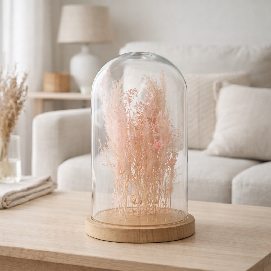 Cloche décorative J-Line - fleurs séchées - verre/bois - rose clair - grand en situation