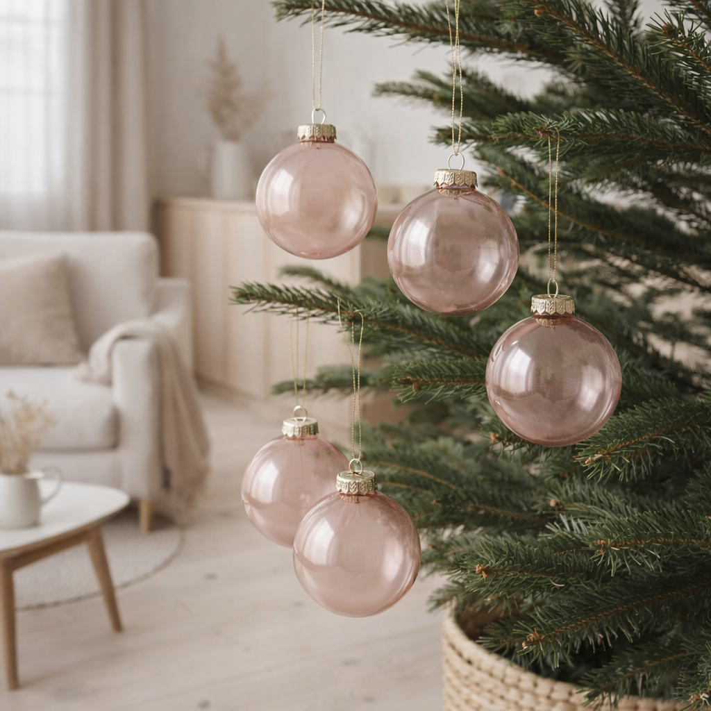Boule de Noël J-Line Plain - verre - transparent/rose clair - M - boîte de 5 en situation