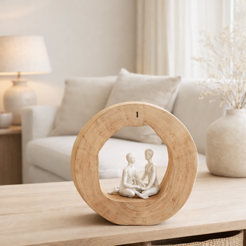 J-Line Figurine Couple Assis Bois de Manguier/Aluminium Naturel/Blanc en situation