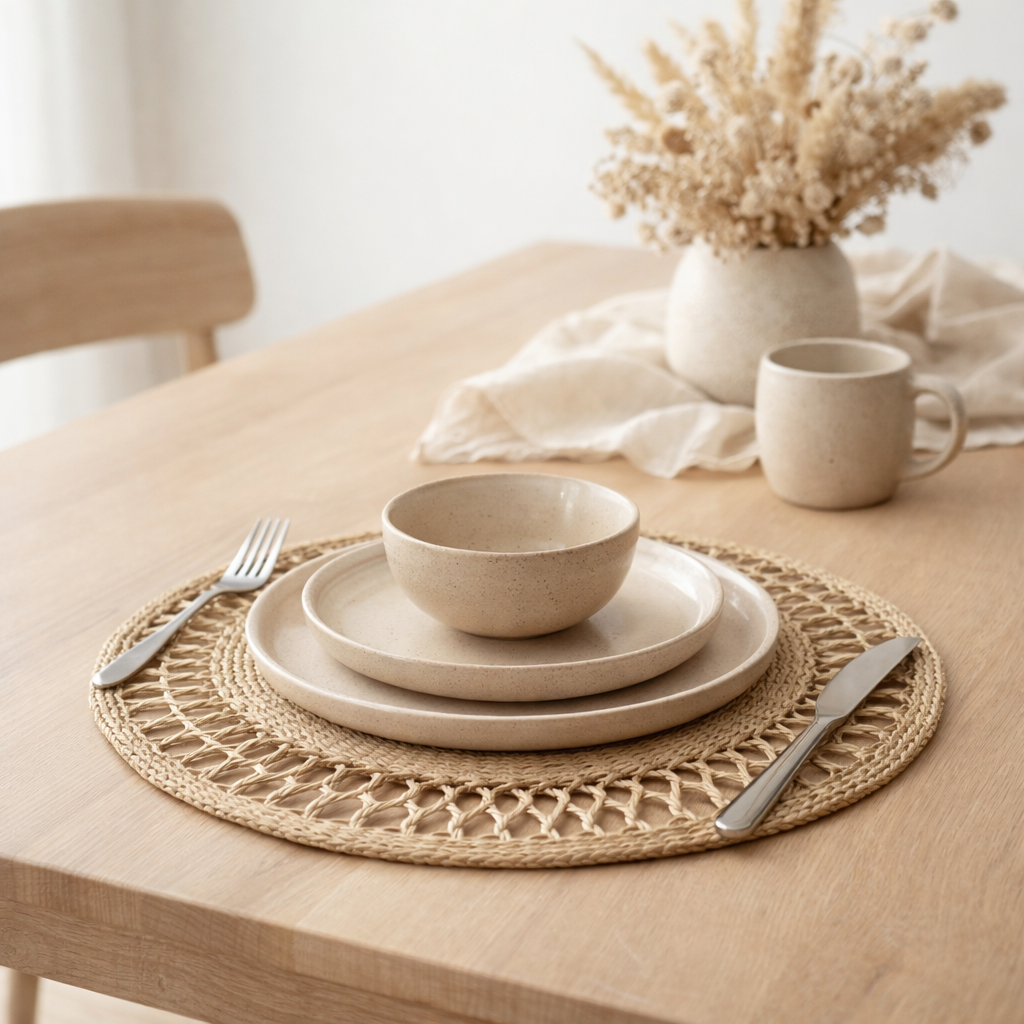 J-Line Set de table rond en jonc de mer - jute - naturel en situation