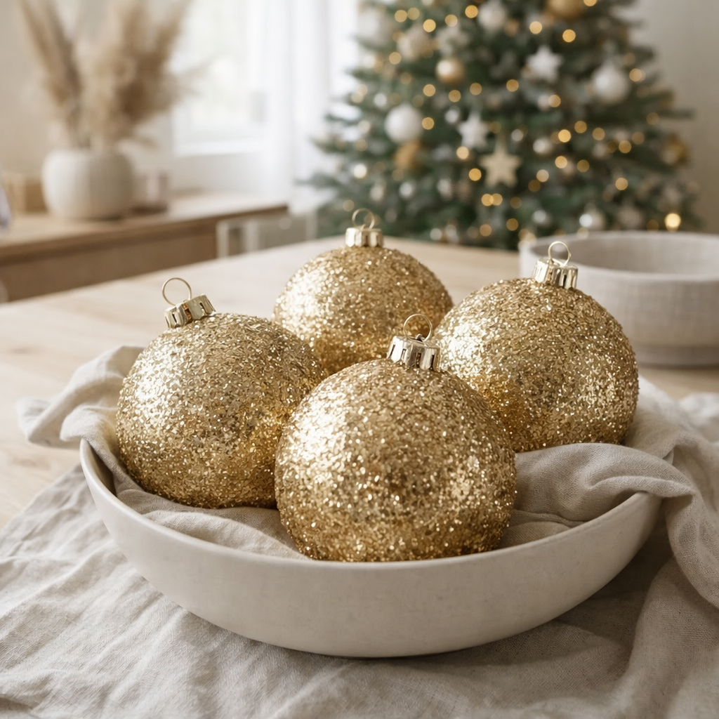 J-Line Boite De 4 Boules De Noël Verre Pailleté Doré Large en situation