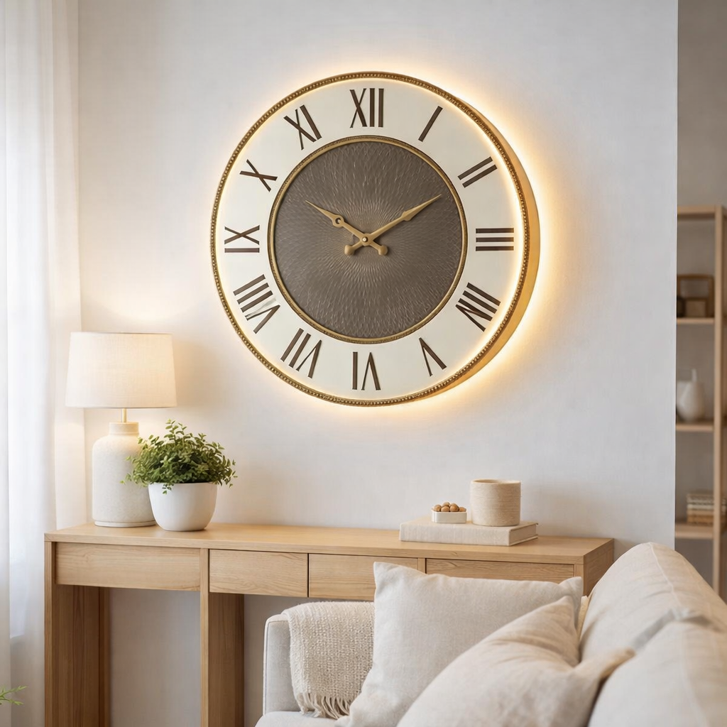 J -line Klok Mirror - Metal - Gold - Lights LED - Ø 80 cm en situation