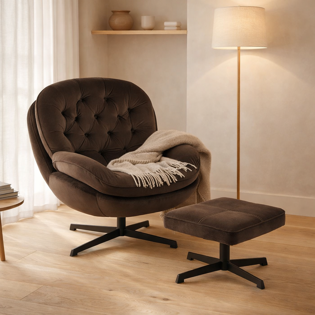 Canapé J-Line Relax -+ repose-pieds - métal/textile - marron foncé en situation