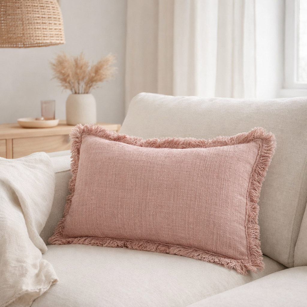 Coussin J-Line Franges - coton/velours - vieux rose en situation