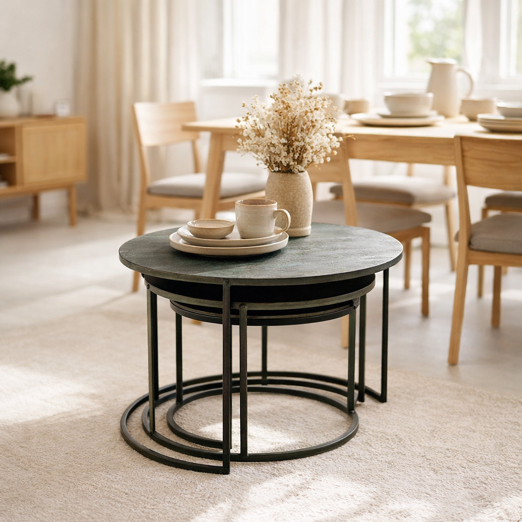 Table d'appoint J-Line Round Oxidize - fer - noir/vert - lot de 3 en situation