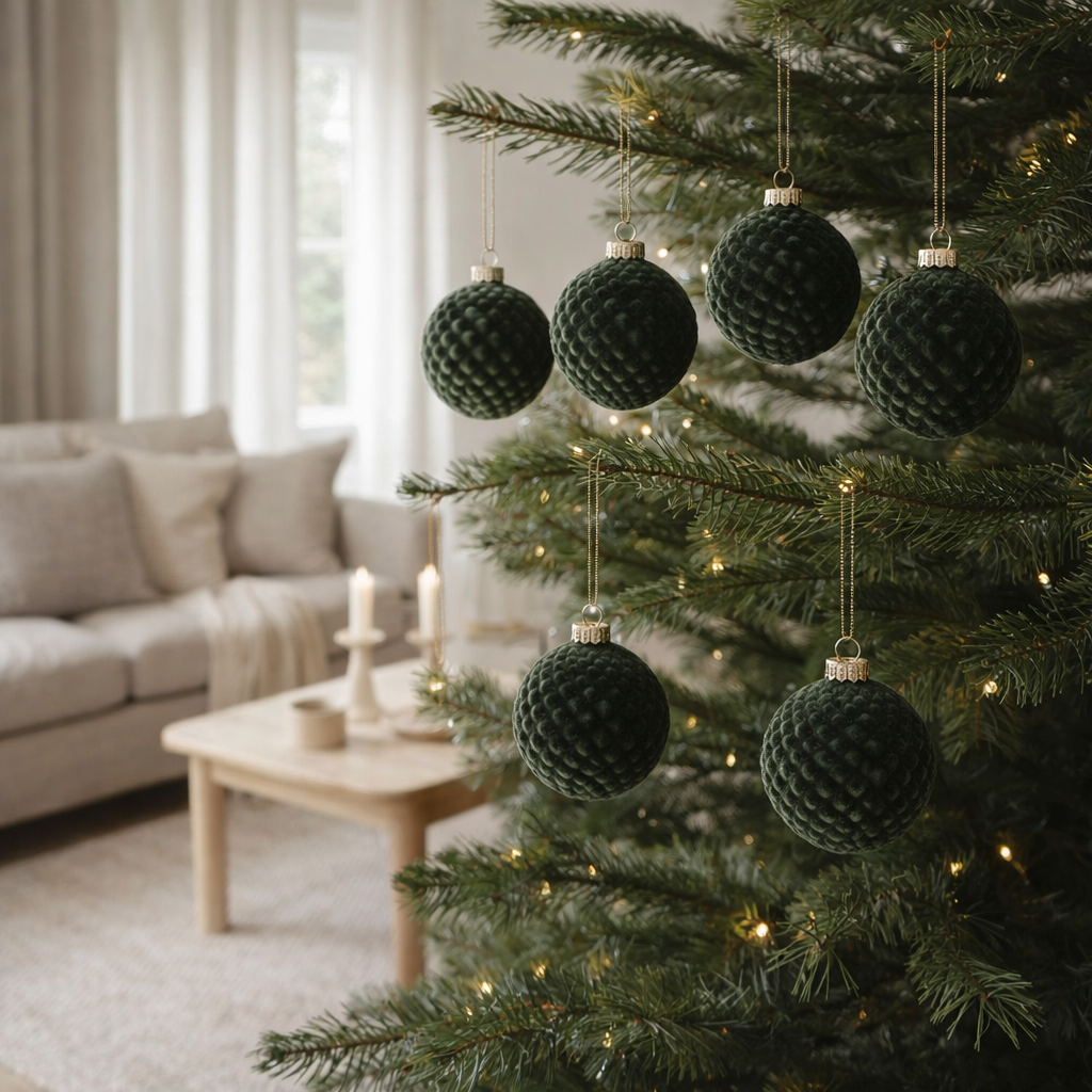 J-Line Boite de 6 Boules de Noël Motif Velours Verre Vert Foncé Small en situation