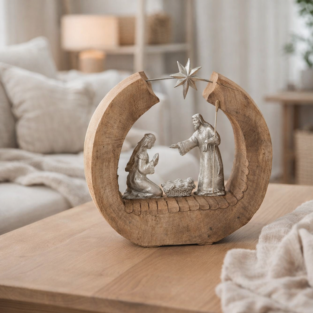 J-Line Figurines de Noël crèche - aluminium/bois - argent - 34 cm en situation