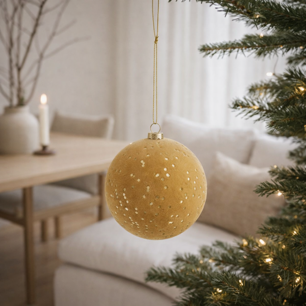 J-Line Boule de Noël Dots - plastique/velours - ocre/or - moyen en situation