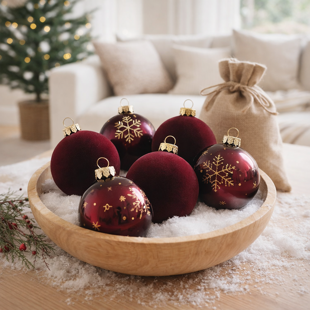 J-Line Christmas Bauble Pattern - velours/verre - bordeaux - petit - boîte de 6 en situation