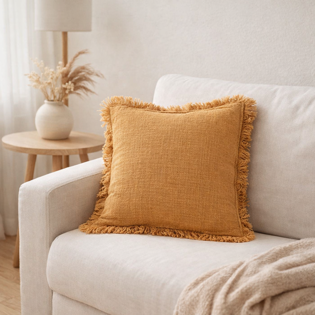 Coussin J-Line Franges - coton/velours - ocre en situation
