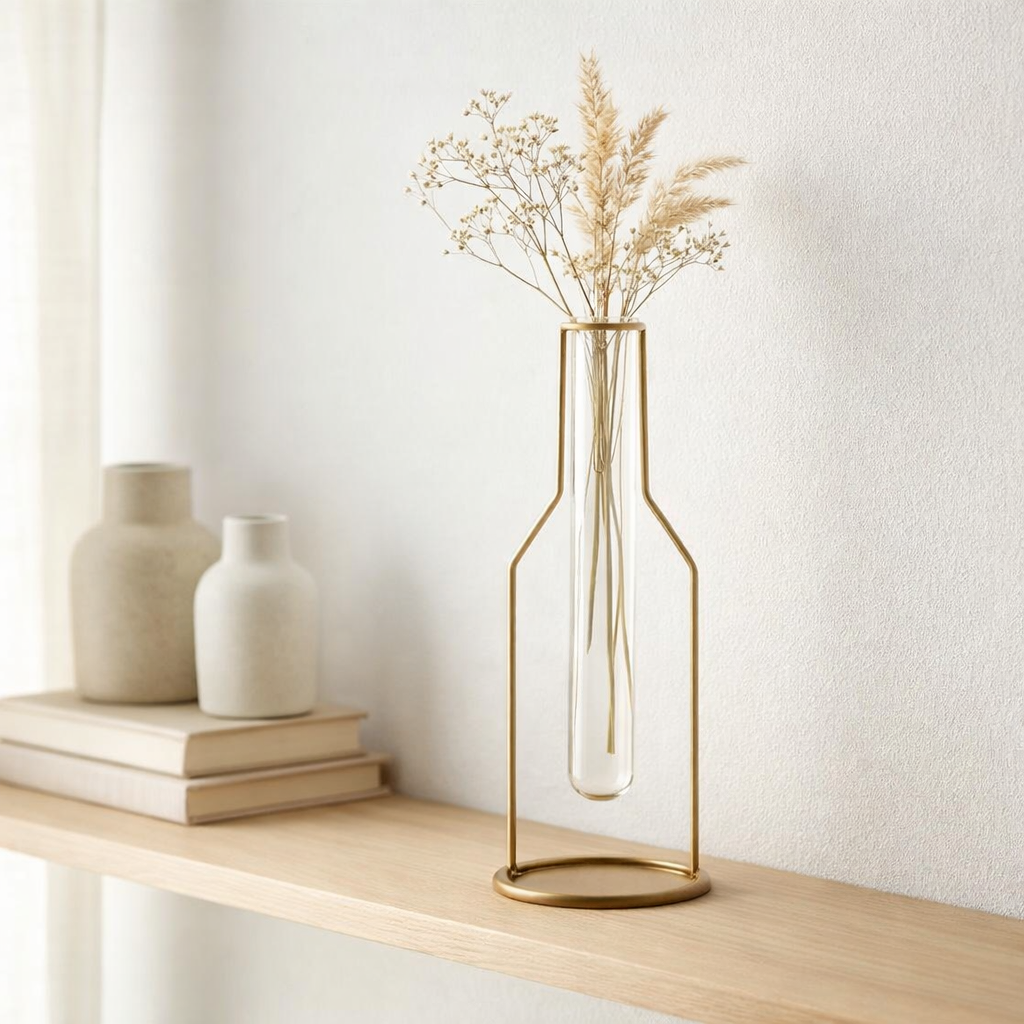 J - Vase de ligne 1 bouteille de tube - métal / verre - or - grand - 33 cm de haut en situation