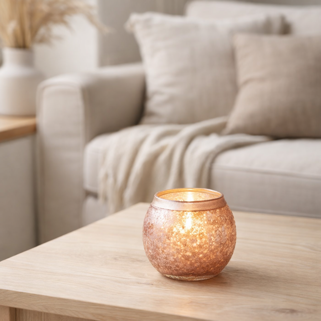 Bougeoir J-Line Frosty Round - verre - vieux rose - petit en situation
