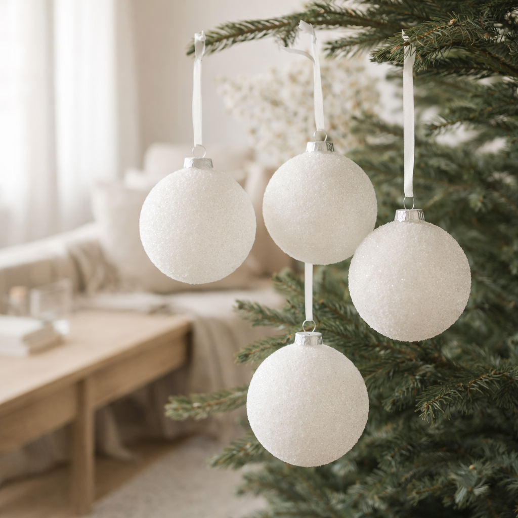 J-Line Boite de 4 Boules de Noël Snowy Glass Blanc Large en situation