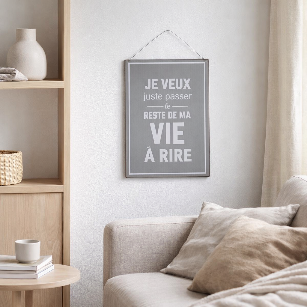 J-Line Placard Life/Vie Anglais/Français Métal Gris/Blanc en situation