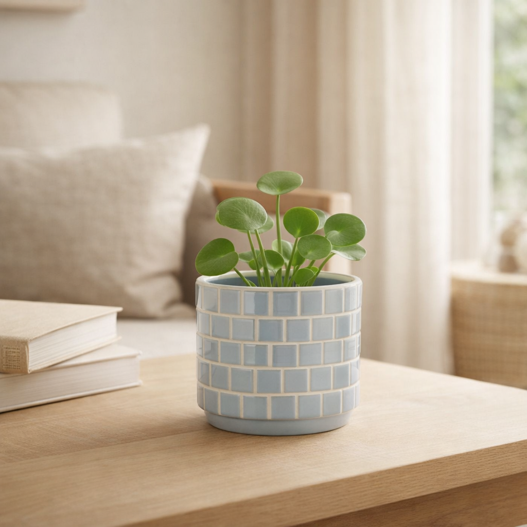 Pot de fleur J-Line - céramique - bleu - petit - Ø 12 cm en situation