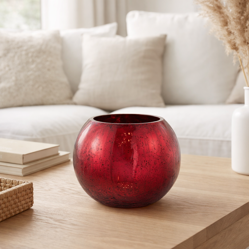 J -line Windlicht Bol Craquelé - Glass - Red - Large en situation