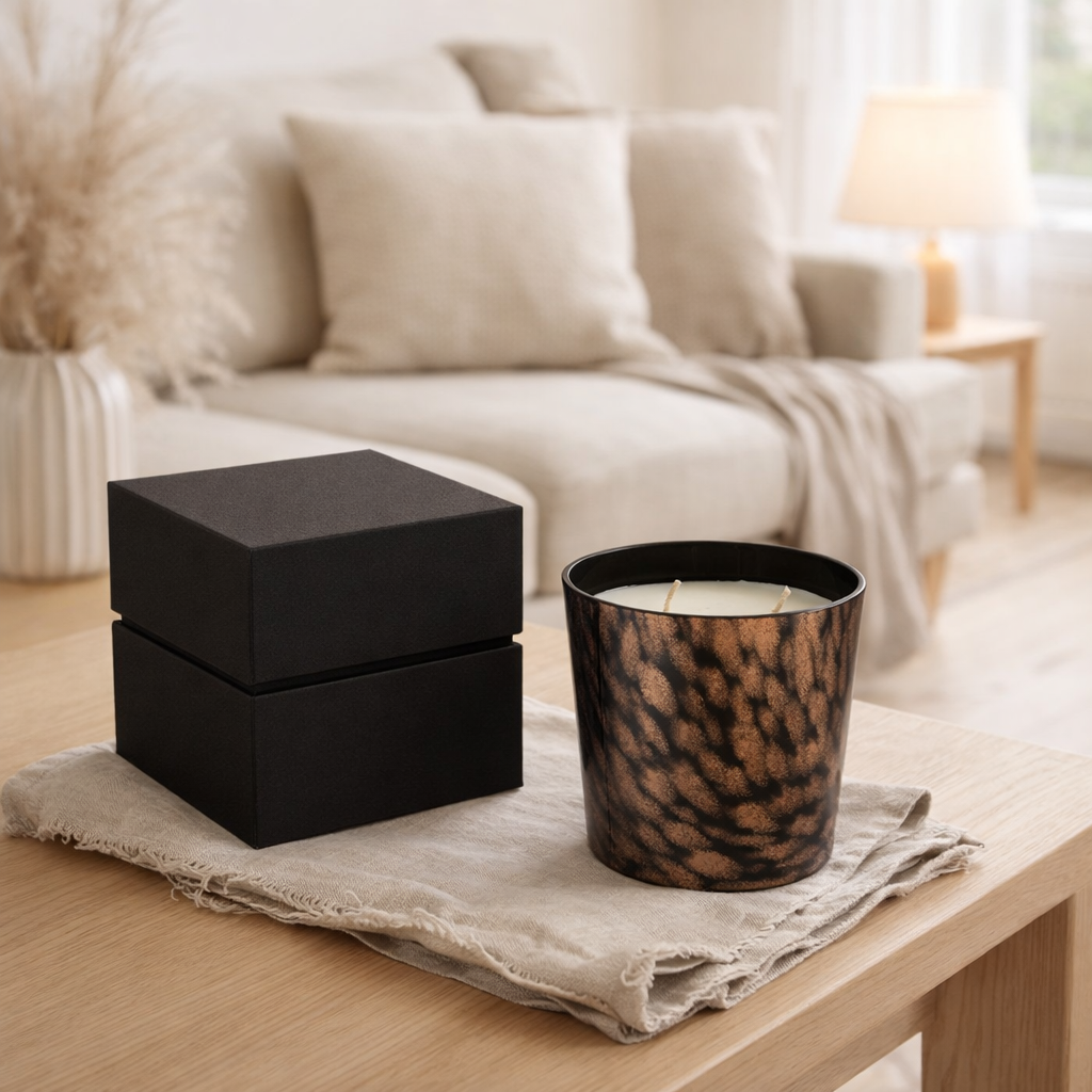 Bougie parfumée J-Line Noa - Bois de santal - verre - noir/or - petite - 50U en situation