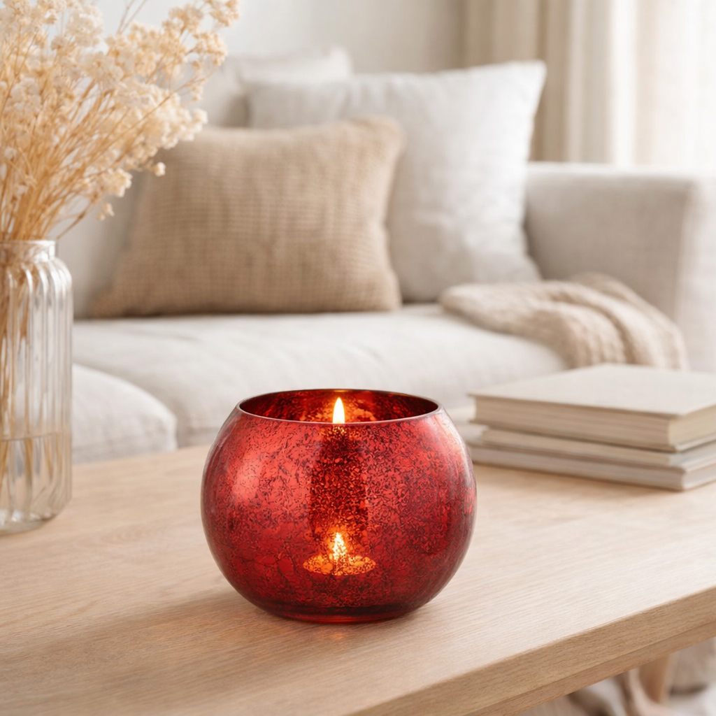 J -line Windlicht Bol Craquelé - Glass - Red - Medium en situation