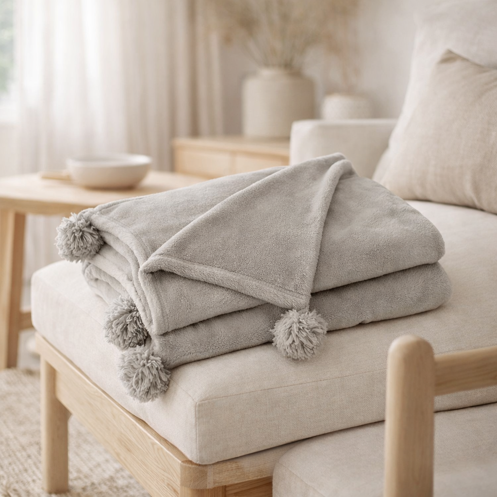 Pompon à carreaux J-Line - polyester - gris - 170 x 130 cm en situation