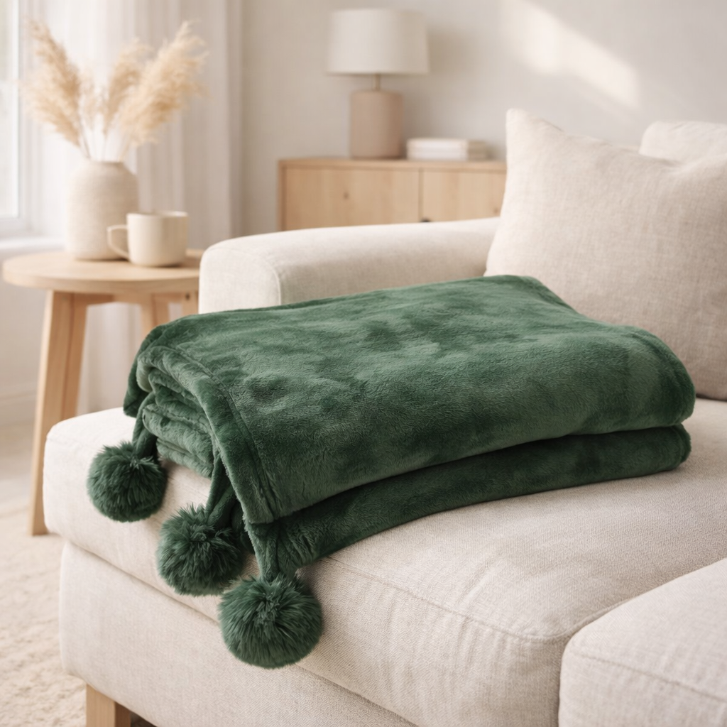 Pompon à carreaux J-Line - polyester - vert foncé - 170 x 130 cm en situation