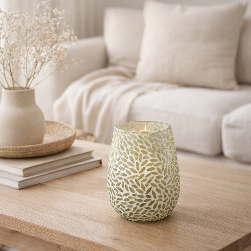 Bougeoir J-Line Mosaic - verre - vert/blanc - petit en situation