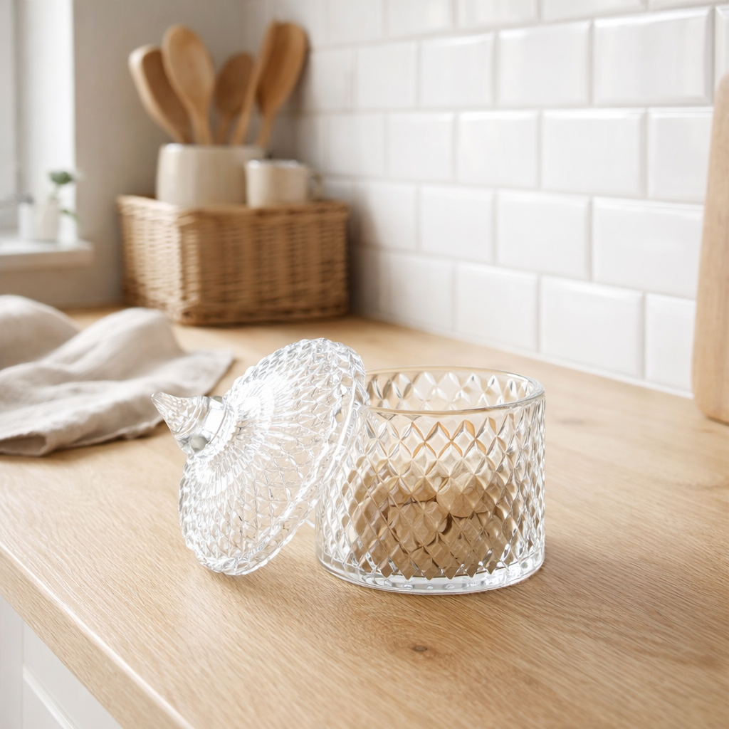 J-Line Bocal de Rangement Coupe Cylindrique Verre Transparent Medium en situation