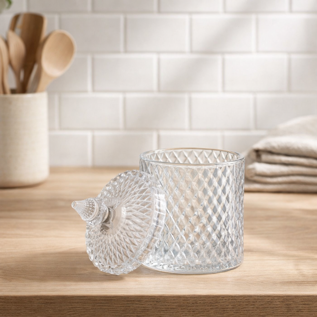 J-Line Bocal de Rangement Coupe Cylindrique Verre Transparent Grand en situation