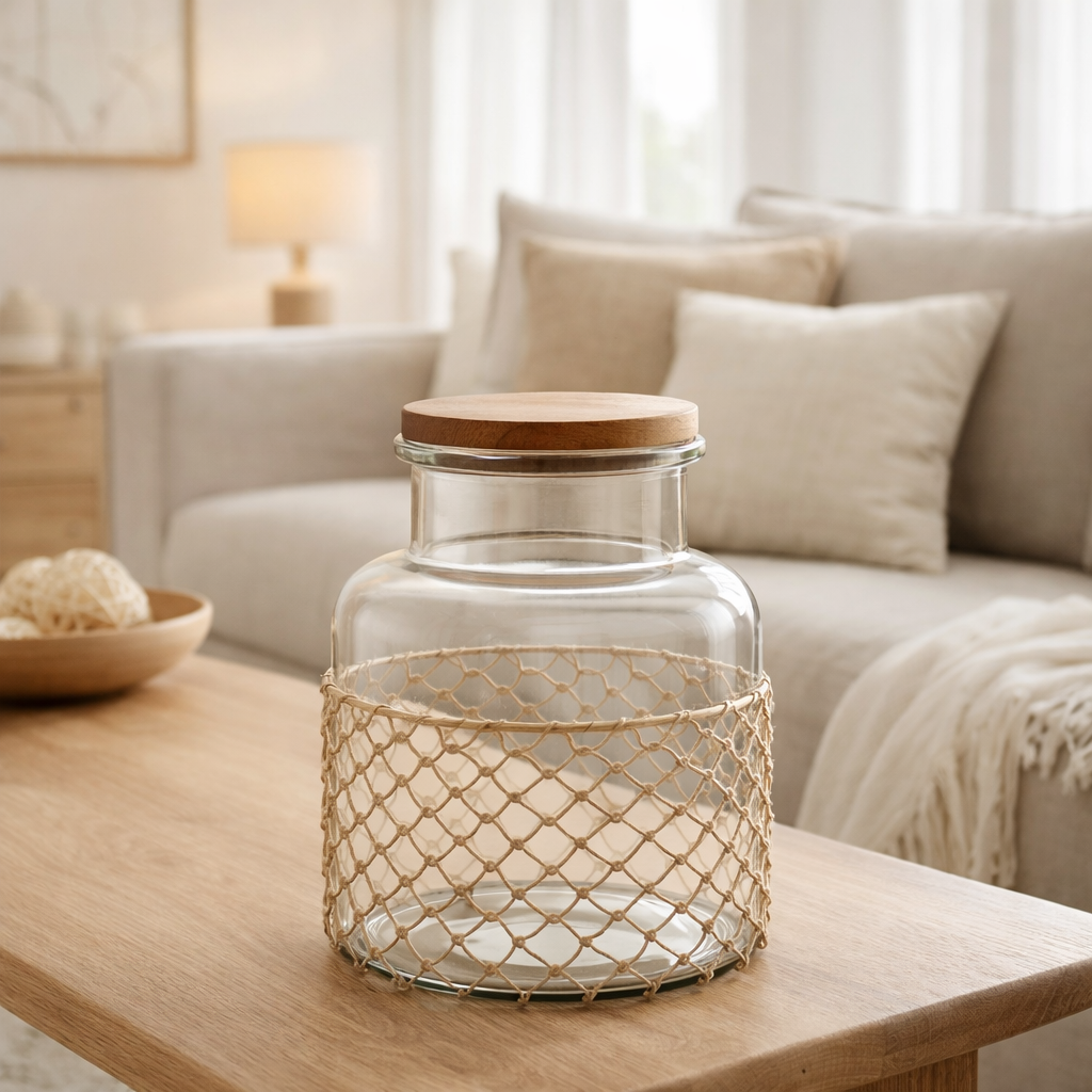 Couvercle de pot J-Line tricoté - verre/bois/jute - transparent - L en situation