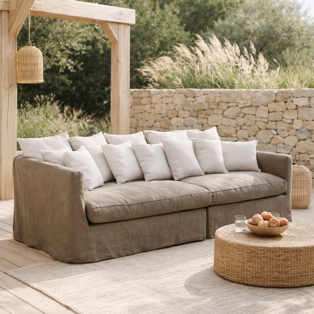 J-Line Housse Assise + 11 Coussins Linge de Plage Désert Taupe en situation