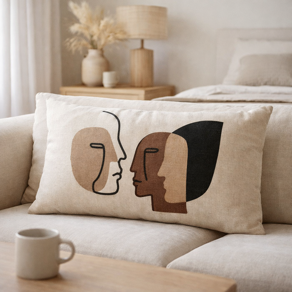J-Line coussin Faces - coton - crème/marron/noir en situation