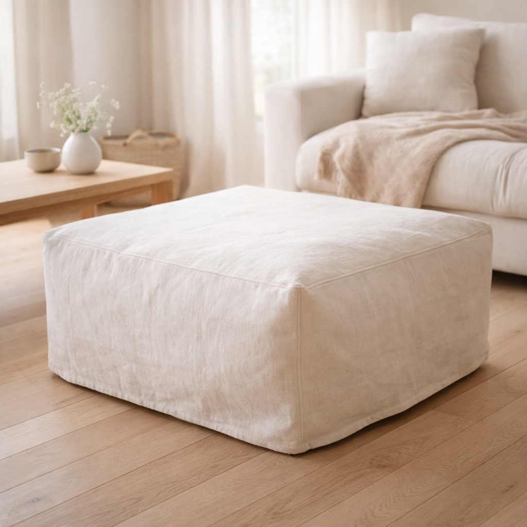 J-Line Housse pour Pouf Monaco Lin Guimauve Blanc en situation