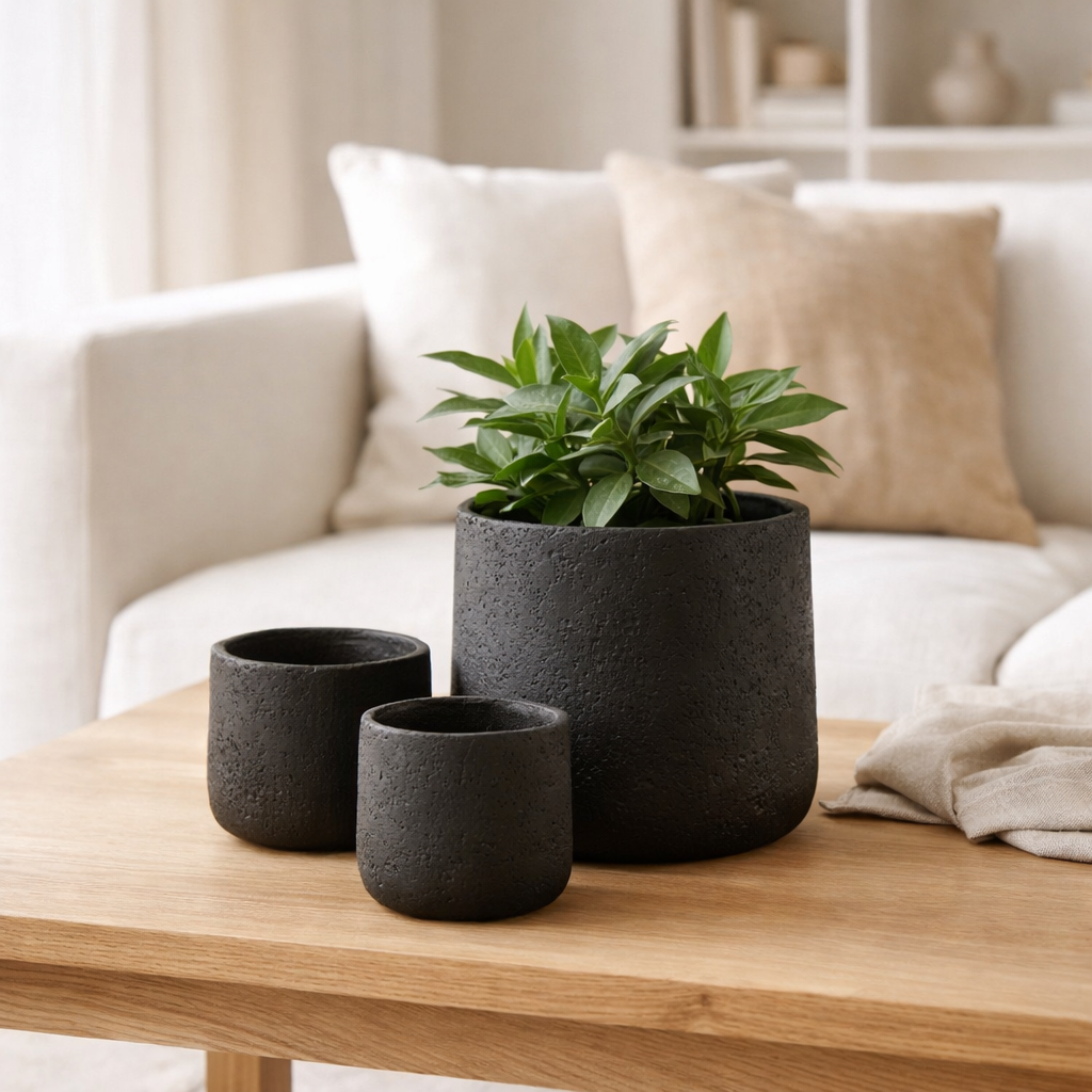 Pot de fleur J-Line Potine - ciment - noir - grand - Ø 19,00 cm en situation
