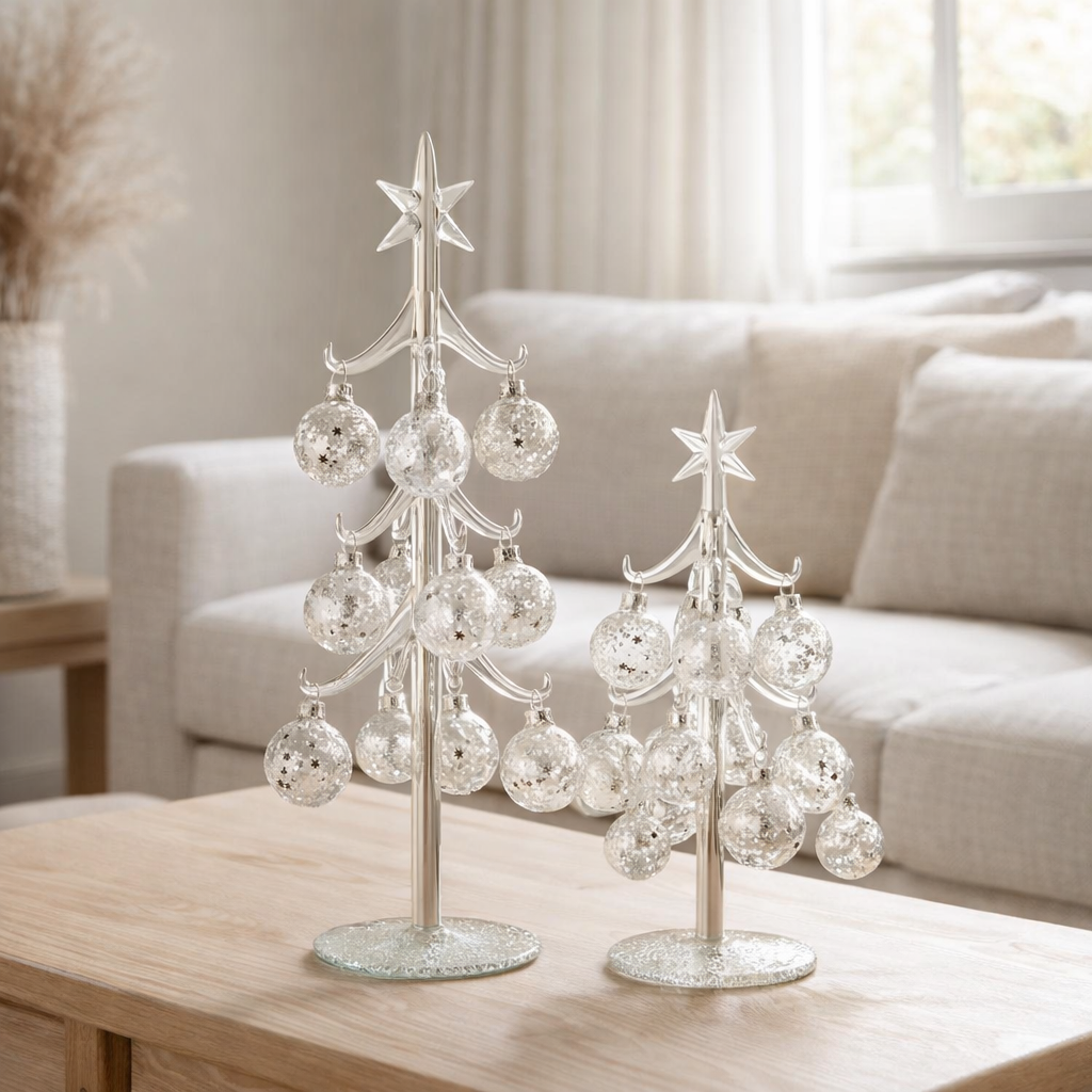 Sapin de Noël J-Line avec boules Étoiles - verre - argent - moyen en situation