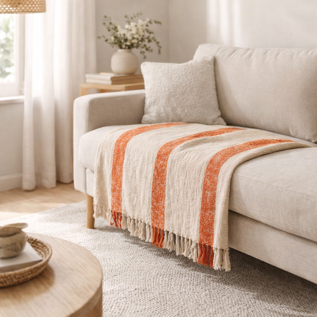 J-Line Plaid Emma - coton - orange - 210 x 140 cm en situation