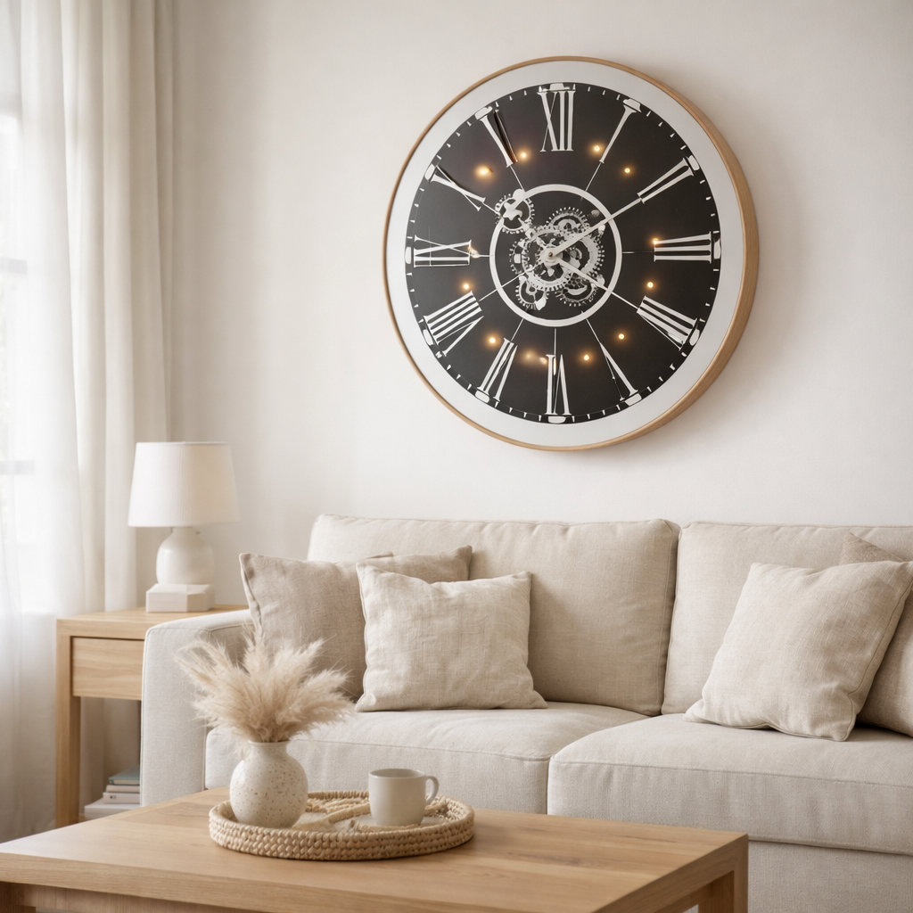 Horloge miroir J-Line - bois - argent - lumières LED - Ø 80 cm en situation