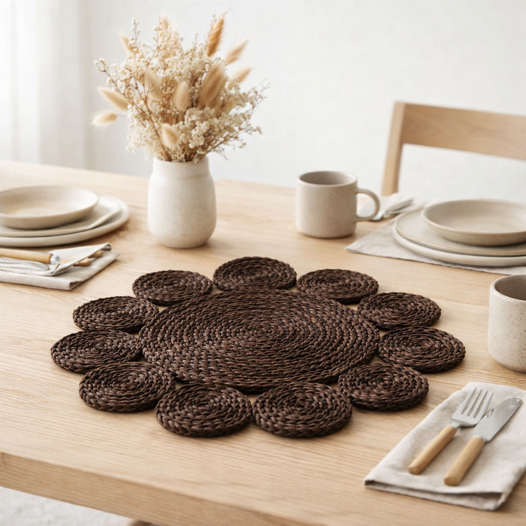 Set de table J-Line Rond Bloem - jute - donkerbruin en situation