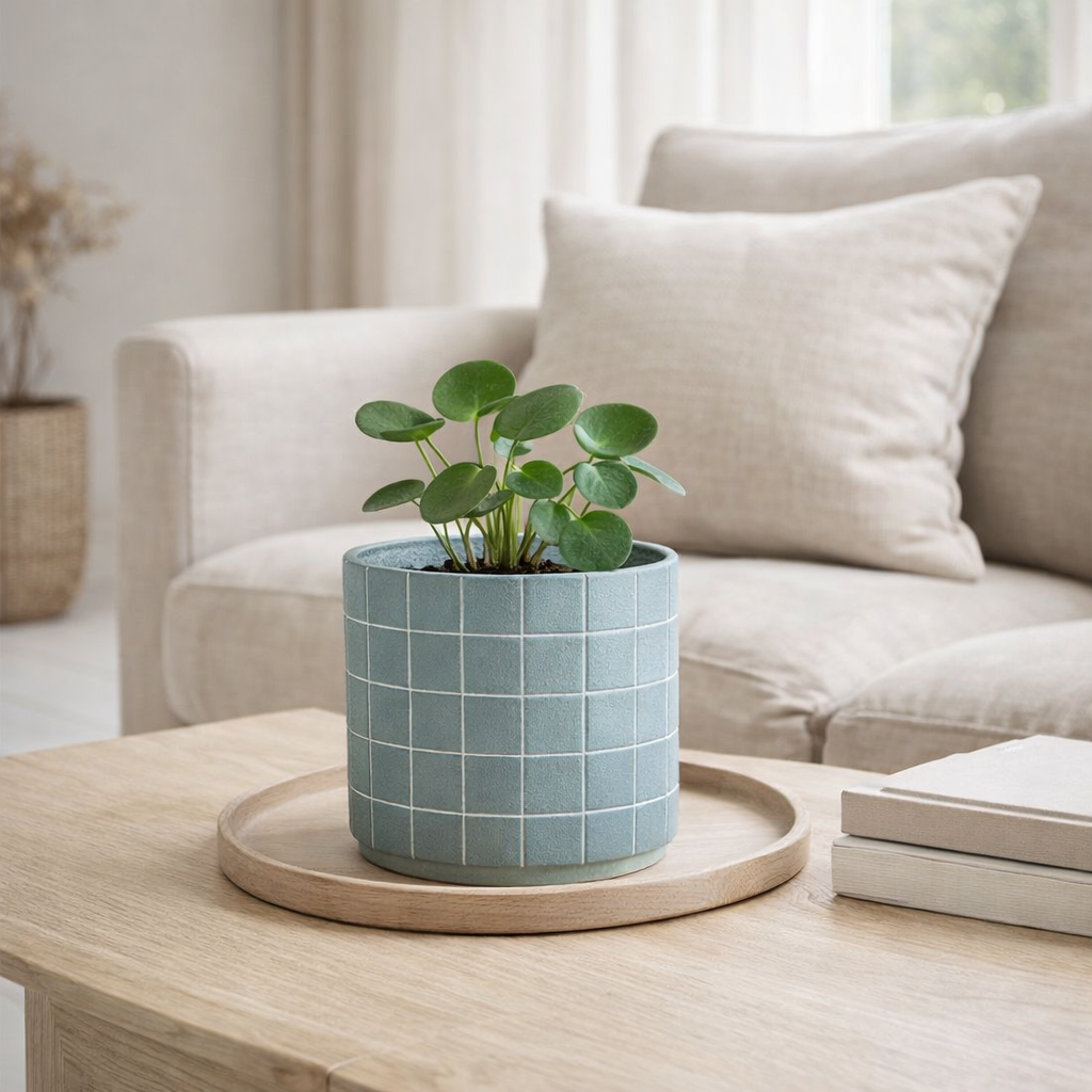 J -line Flowerpot Square - Céramique - Bleu clair - Grand - Ø 16 cm en situation