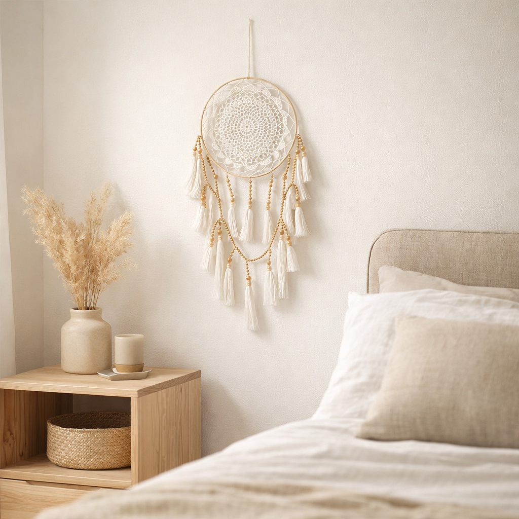 Attrape-rêves J-Line - textile - blanc/naturel - grand en situation