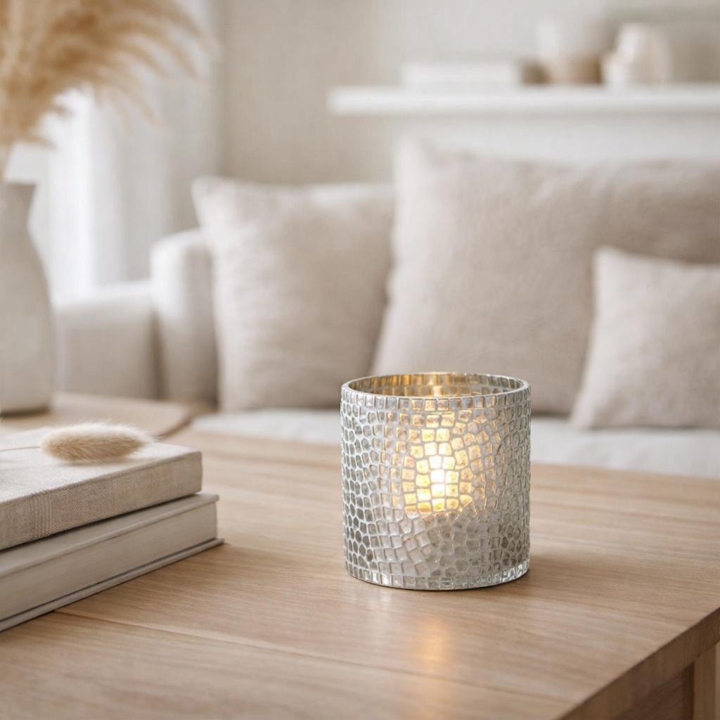 Lanterne J-Line Mosaic - verre - blanc/argent - petite en situation