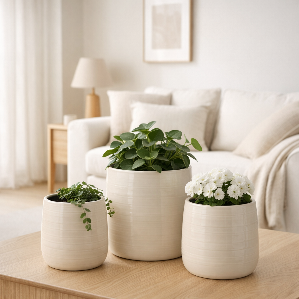 J -line Bloempot Effen - Céramique - Blanc - Grand - Ø 16,5 cm en situation