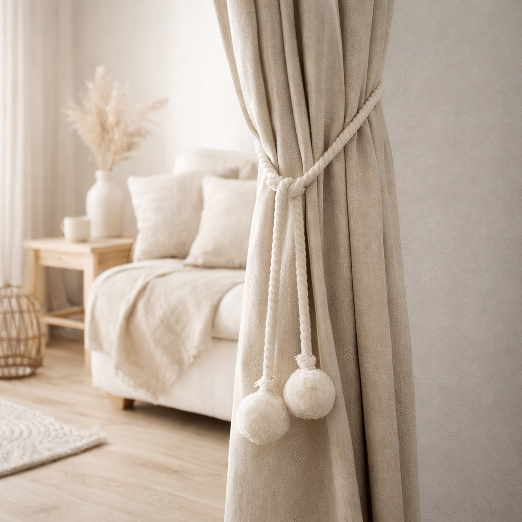 Rideau J-Line Pompon Boules - coton - beige en situation