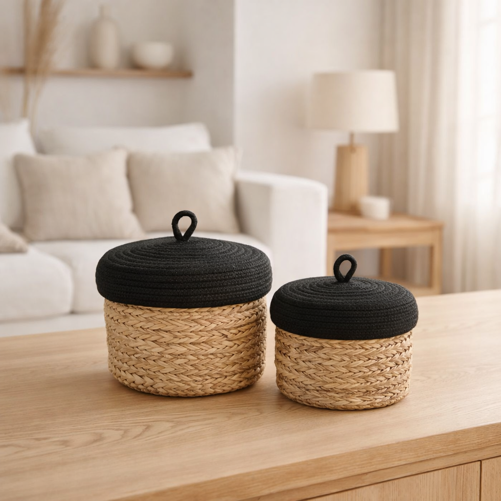 Paniers J-Line + couvercle Rond - herbe/coton - naturel/noir en situation