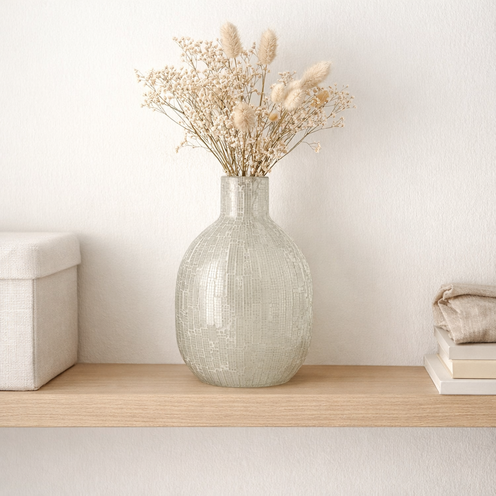 J -line vase mosaïque rond - verre - gris clair - 27 cm de haut en situation