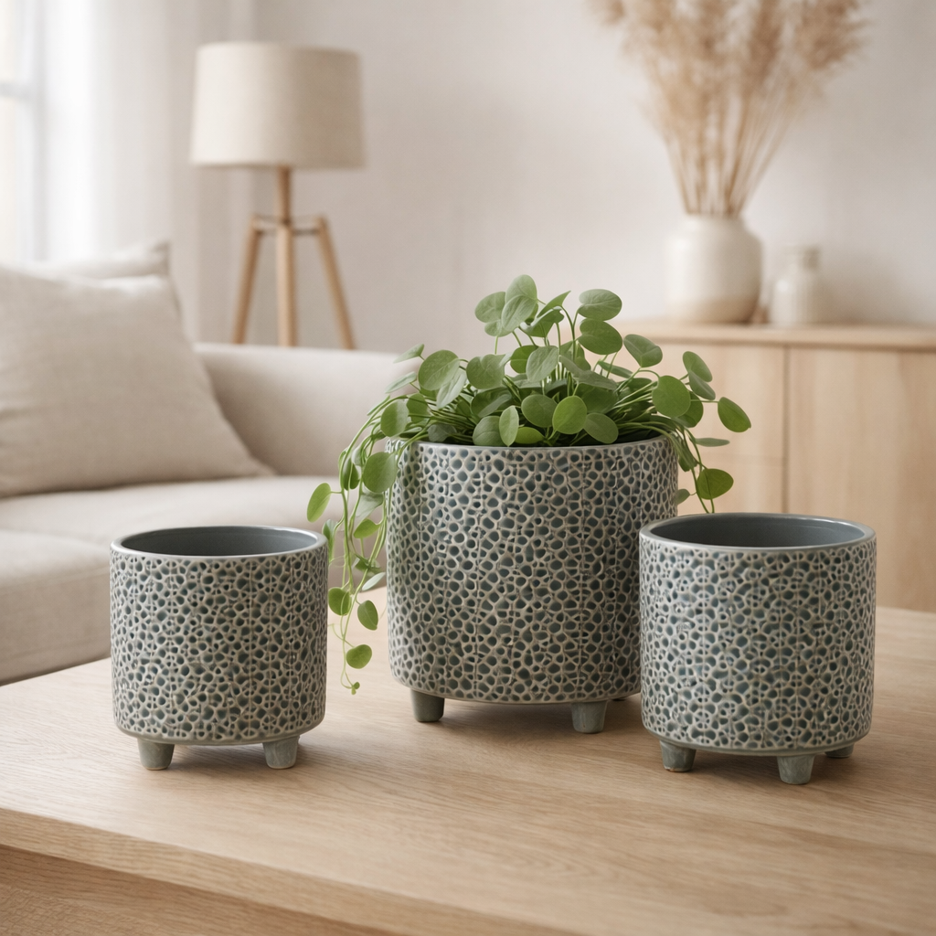 Pot de fleurs J-Line - Céramique - gris-bleu - Ø 16,5 cm en situation