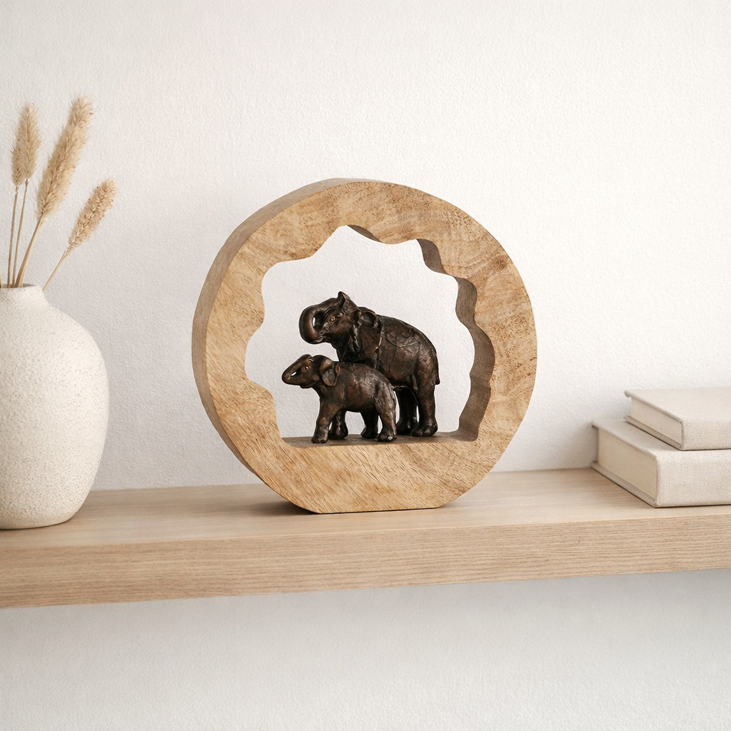 J -line Decoration Figure Elephant + Child - Wood / Aluminium - Bronze - S en situation