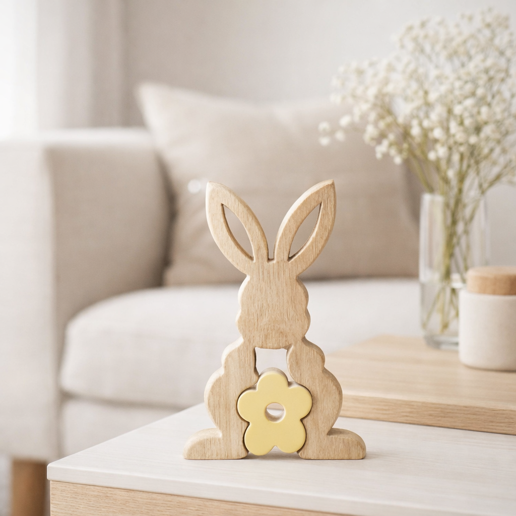 J-Line décoration Lapin Avec Fleur - bois - jaune - petit en situation
