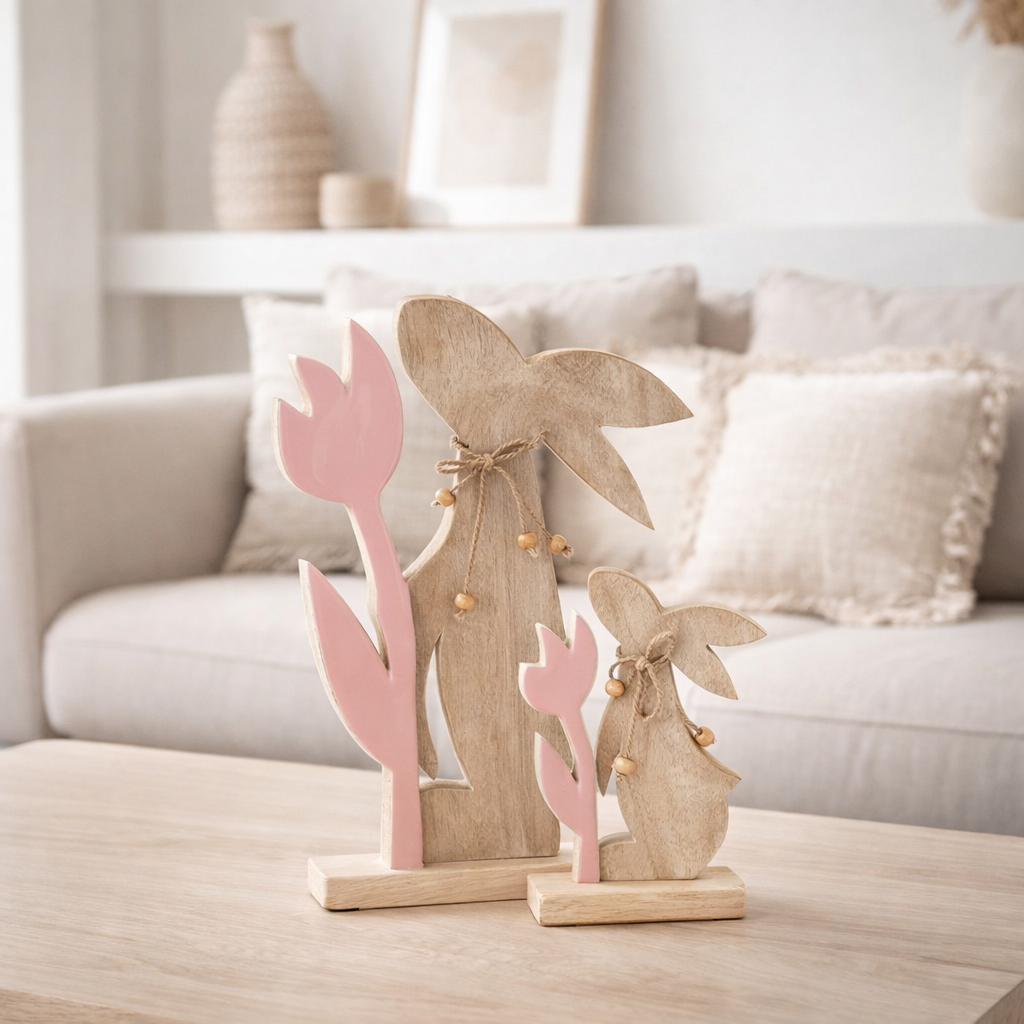 J-Line décoration Lapin Avec Fleur - bois - rose - grand en situation