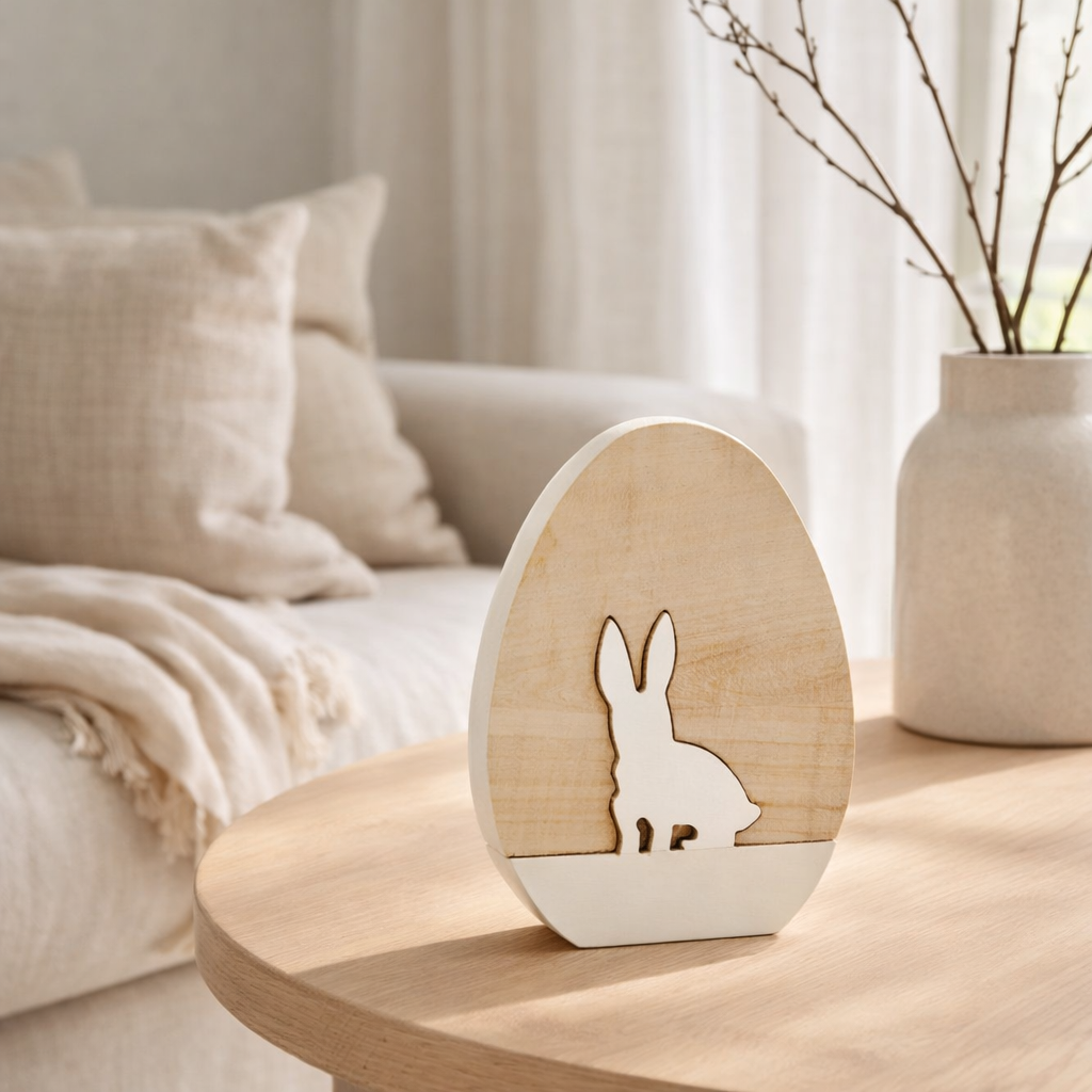 J-Line décoration Oeuf avec lapin - bois - blanc - Décoration de Pâques en situation