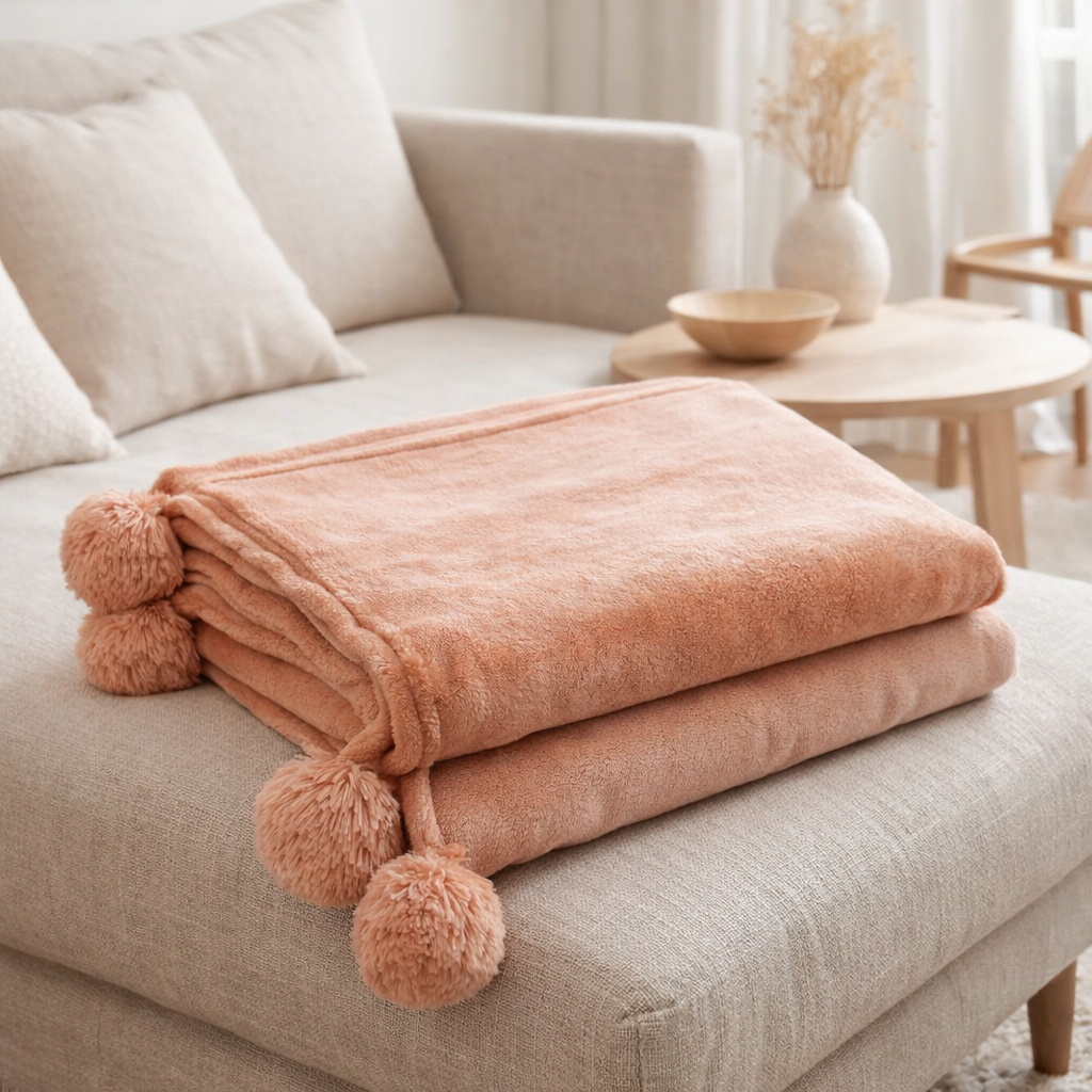 Pompon à carreaux J-Line - polyester - perzik - 170 x 130 cm en situation