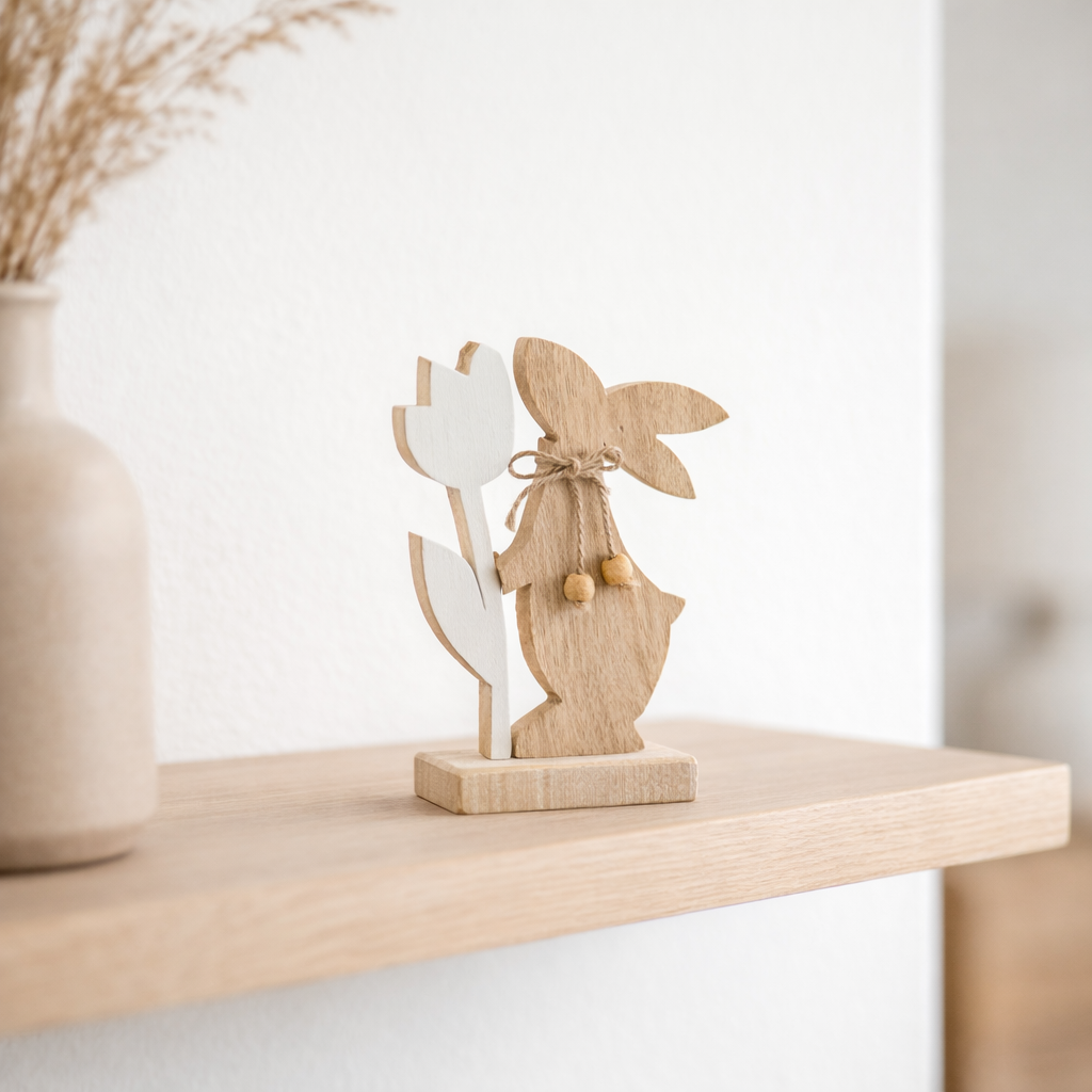 J-line Decoration lapin avec farine - bois - blanc - petite - décoration de Pâques en situation